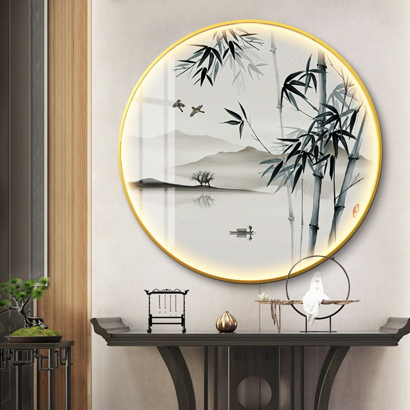 圆形新中式玄关装饰画led发光山水挂画入户竹子灯画竹报平安国画