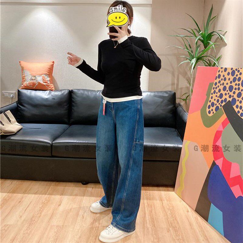 斜裁有腔调宽松弹力高腰加厚保暖加绒气球裤牛仔裤长裤女冬款蓝色