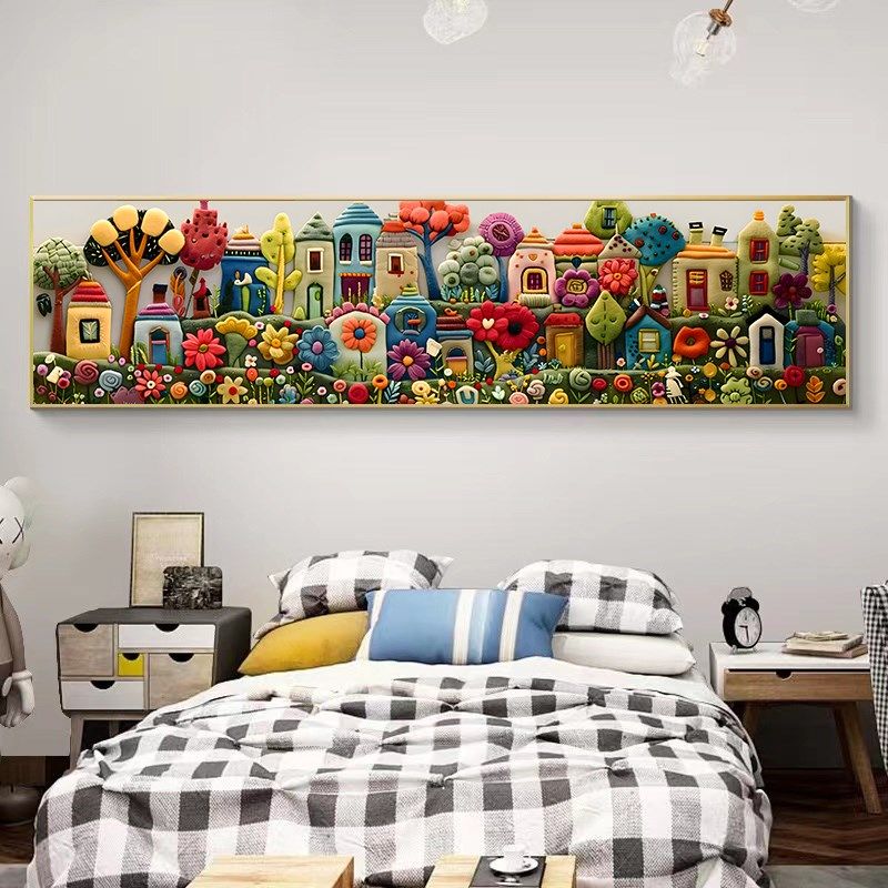 奶油风客厅装饰画大幅横版沙发背景墙挂画小镇风景立体感卧室壁画