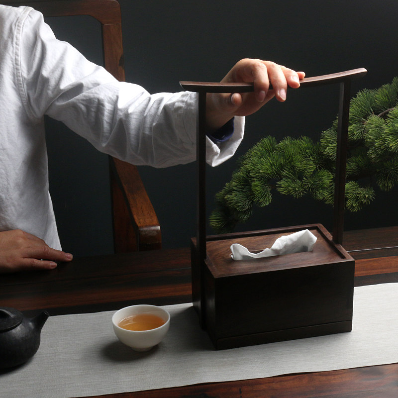 寒山居黑檀实木纸巾盒新中式茶桌摆件创意纸巾收纳盒家居装饰配件