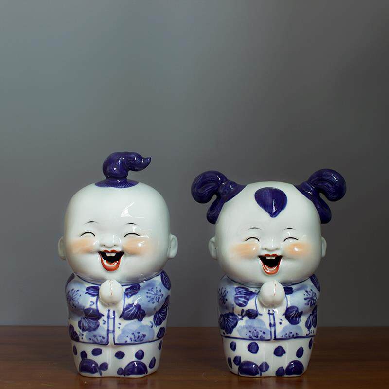 景德镇陶瓷器青花瓷中式人物摆件一对客厅书房书架摆设结婚礼品
