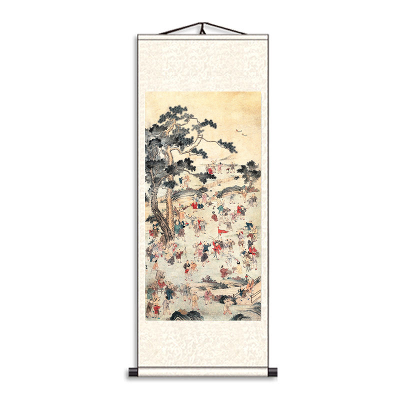 客厅竖版百子图挂画玄关好运纳福百子迎福装饰画办公室卷轴壁画