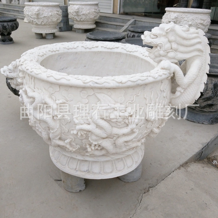 曲阳汉白玉龙头喷水鱼缸庭院广场景观雕塑摆件大理石石缸 定 做