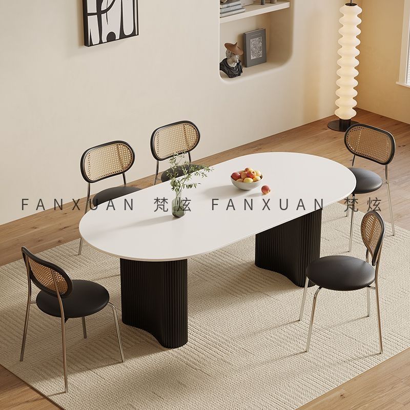 梵炫北欧风美式纯白色岩板现代商务小户型极简家用餐厅餐桌椅组合