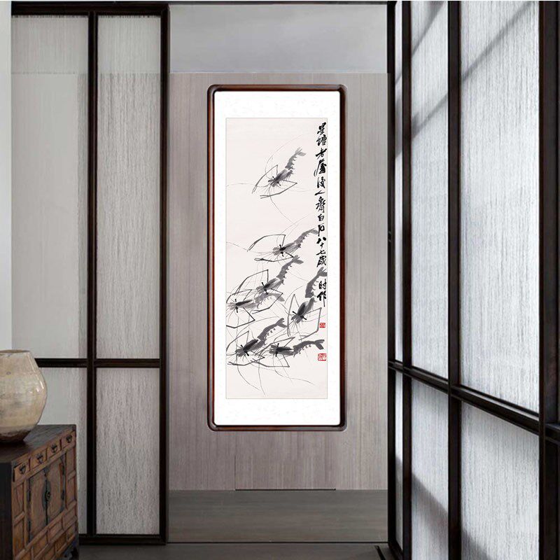 齐白石字画虾国画名家书画新中式客厅背景墙装饰画玄关墨虾图挂画