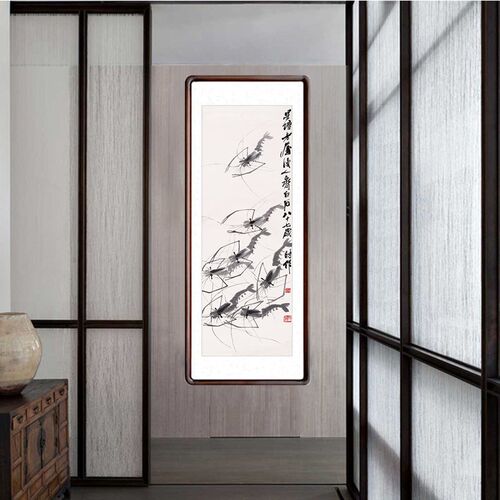 齐白石字画虾国画名家书画新中式客厅背景墙装饰画玄关墨虾图挂画