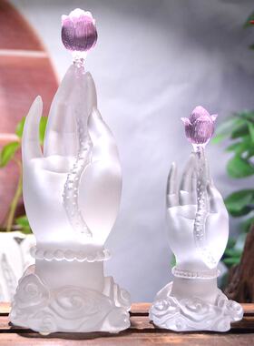 琉璃工艺品佛手莲花一心一意中式办公室玄关茶桌水晶佛系禅意摆件