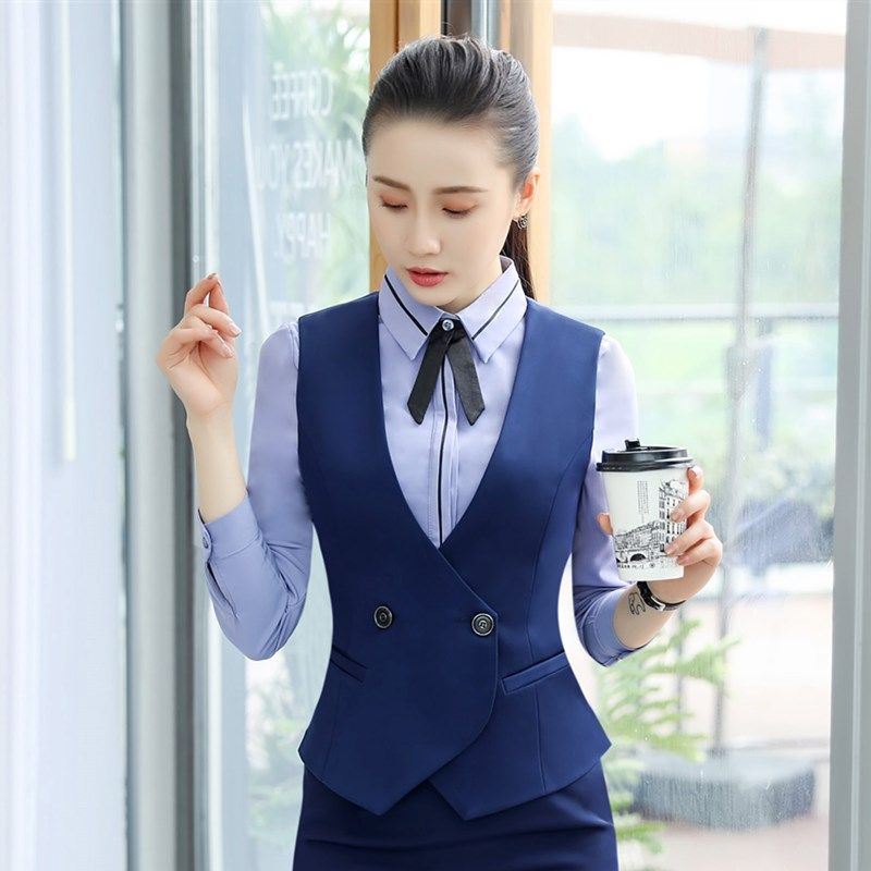 职业装马甲外套女百搭短款马夹女服务员餐饮店员工装制服西装套装