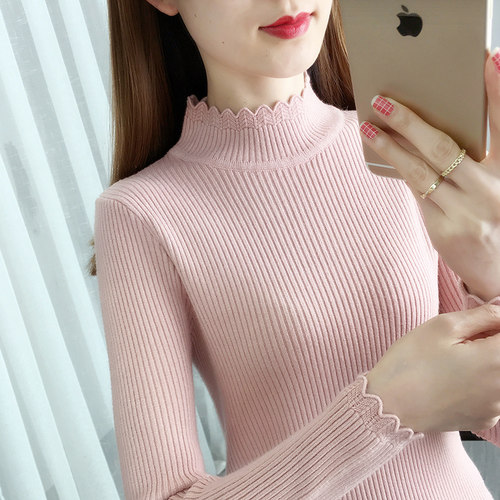 百搭修身打底衫女半高领毛衣春秋2021新款长袖内搭上衣紧身针织衫