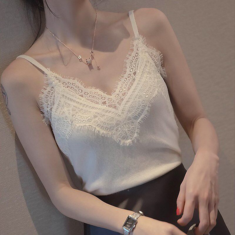 2024新品睫毛蕾丝吊带背心女无袖打底衫女内搭修身显瘦V领女上衣