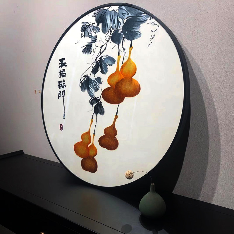 新中式圆形简约大气五福临门葫芦带框纯手工苏绣餐厅客厅玄关挂画