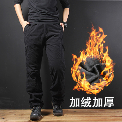 秋冬款加绒工装裤大码宽松多口袋直筒裤加厚休闲裤男松紧户外长裤