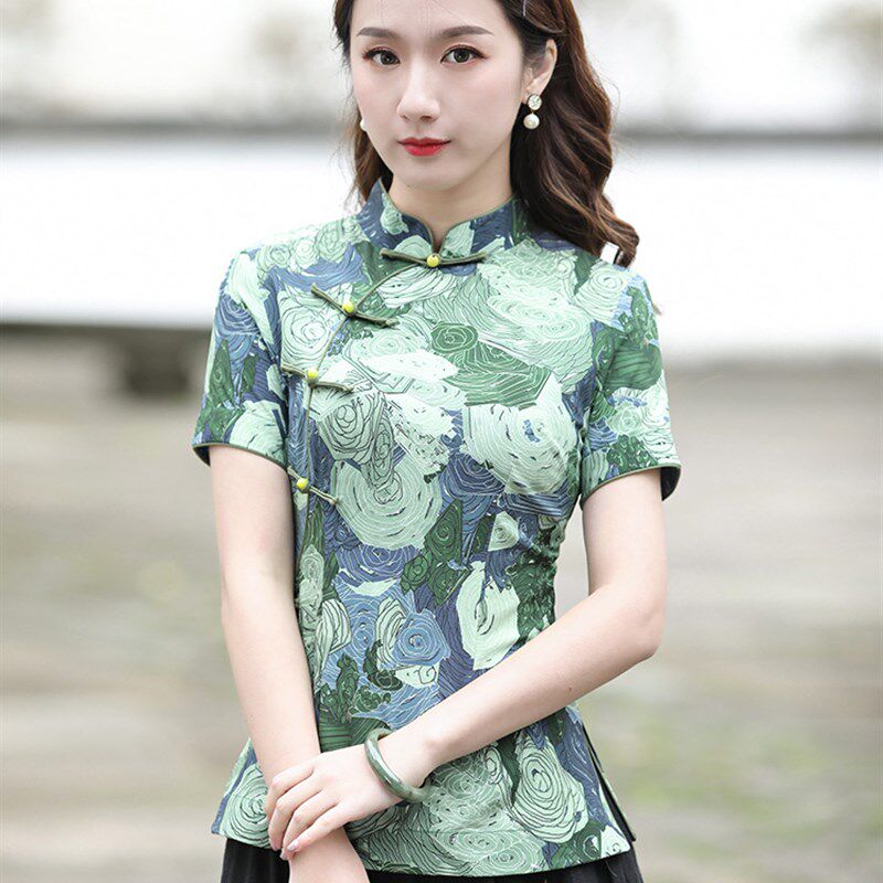 旗袍上衣中式唐装女夏改良式夏季薄款盘扣短袖茶服民国风复古女装
