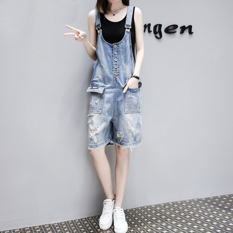 牛仔背带裤女2023夏季薄款破洞高腰显瘦直筒港味小个子五分短裤子