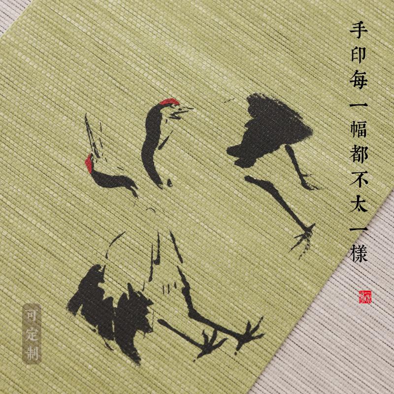 吉佰家草编茶席新中式禅意防水桌旗茶几茶台布桌布茶垫手绘复古鹤