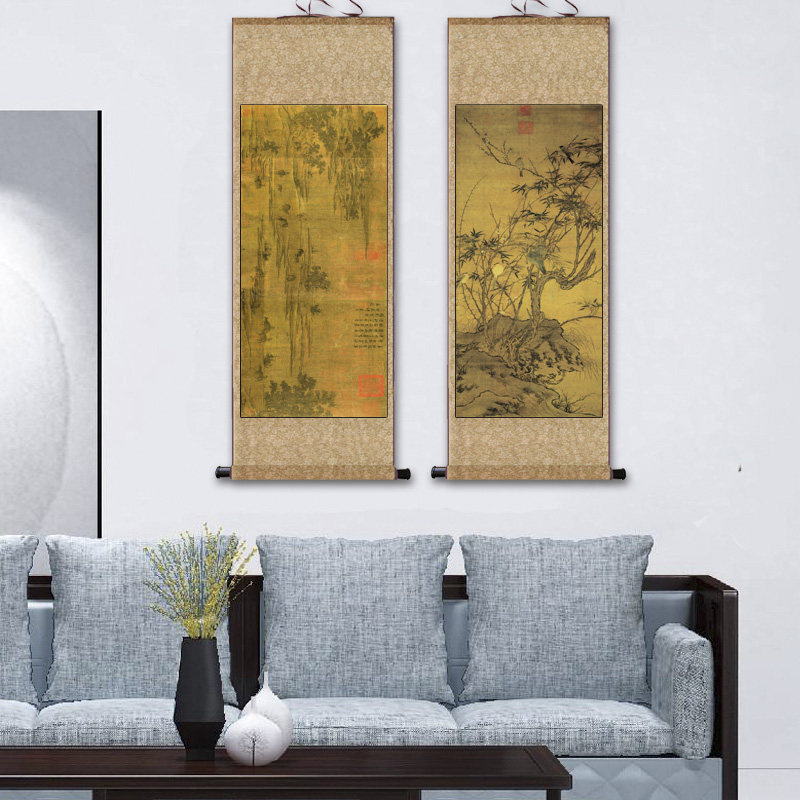 宋代名家字画赵佶挂画丝绸画春游晚归图观音画像山水画装饰画布画