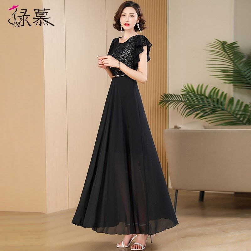 高级感黑色连衣裙2025女新款高端气质修身显瘦腰带超长裙到脚踝