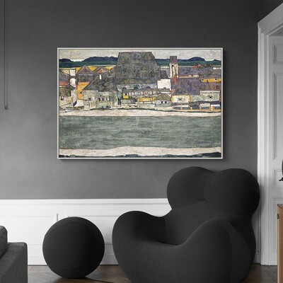 席勒画小镇建筑艺术画沙发背景挂画餐厅装饰画欧式玄关画有框墙画