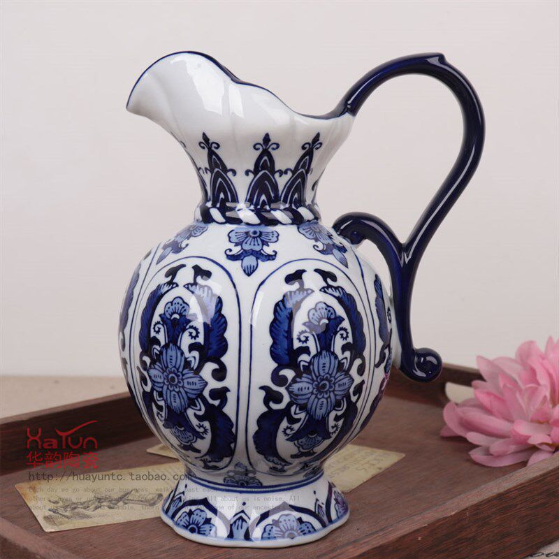 包邮景德镇陶瓷青花釉下手绘花瓶花插家具装饰品摆件高温陶瓷欧式
