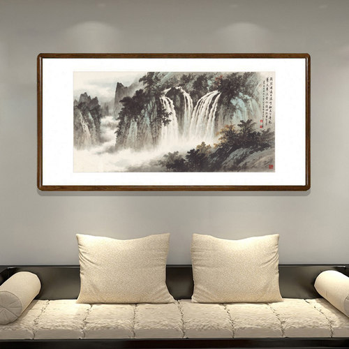 黄君璧国画瀑布流水画新中式客厅背景墙装饰画办公室书房山水挂画