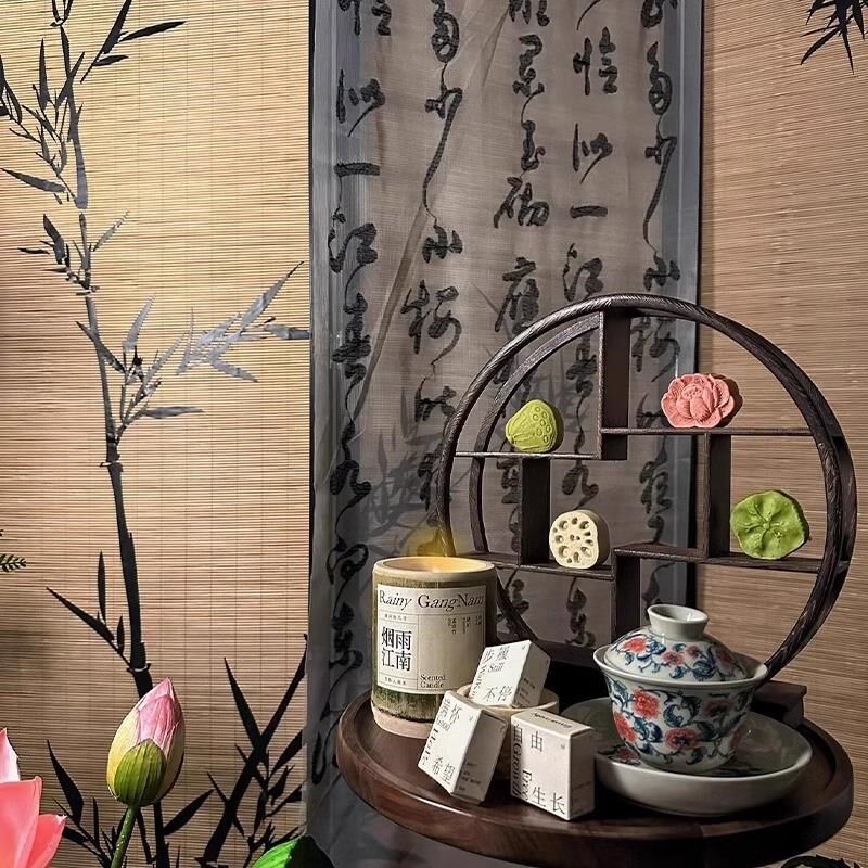 新中式屏风竹子茶室隔断竹编客厅围挡小户型国风竹影阳台禅意水墨