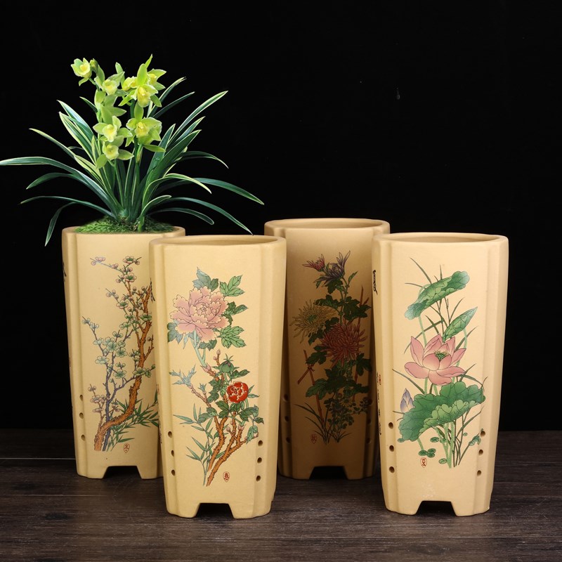 紫砂兰花盆专用盆精品四方贴画文竹悬崖蝴蝶兰桌面黄杨盆景盆包邮