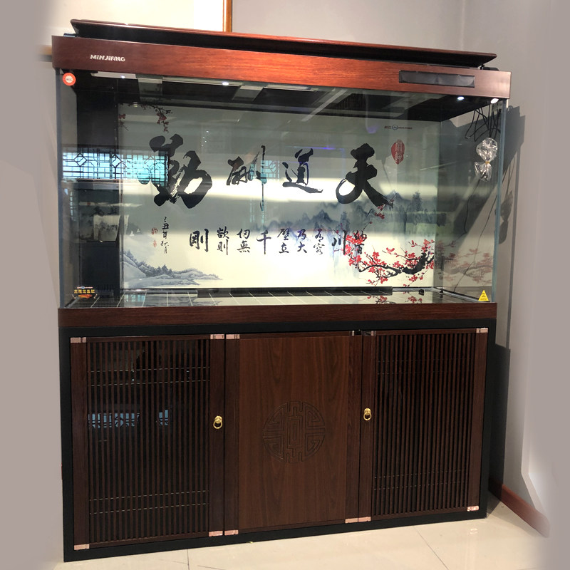 闽江大型水族箱客厅家用中式木纹超白玻璃底滤红龙缸1.5/1.8/2米