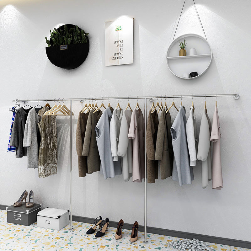 女装店货架银色服装店展示架上墙服装架落地式挂衣架子侧挂陈列架