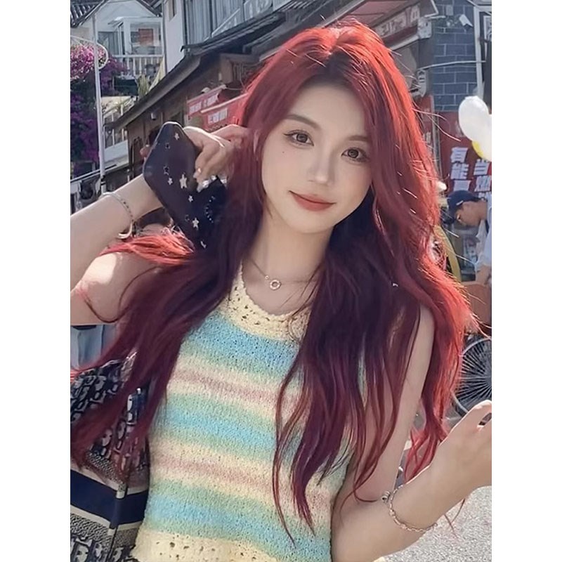 假发女长发红色中分八字刘海大波浪长卷发自然仿全真人发全头套式