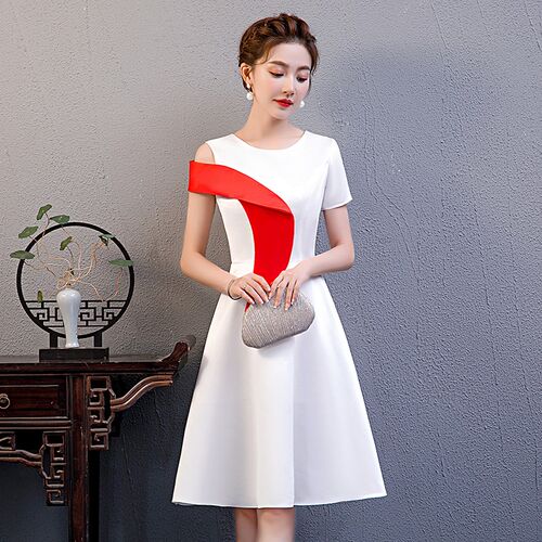 小晚礼服裙女白色礼仪服装学生颁奖演讲比赛朗诵合唱团演出服主持