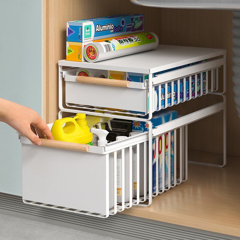 厨房下水槽置物架抽拉式调料双层橱柜拉篮抽屉式深柜内分层收纳框