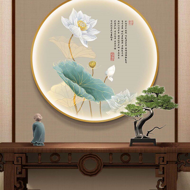 新中式荷花玄关带灯装饰画餐厅茶室卧室走廊壁灯 圆形莲花LED挂画