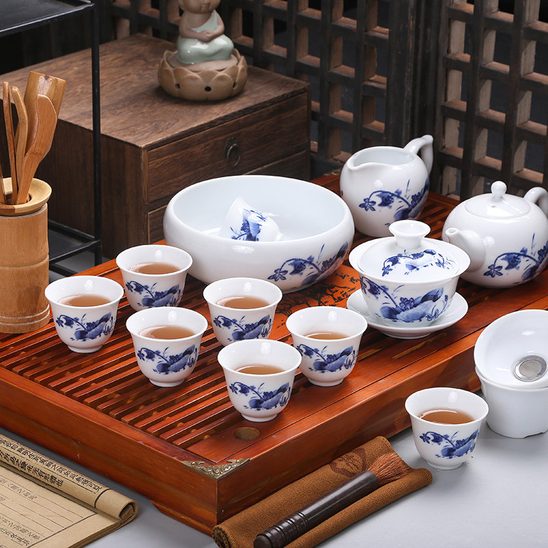 景德镇釉中彩青花高白陶瓷功夫茶具带茶盘套装茶壶盖碗茶杯家用