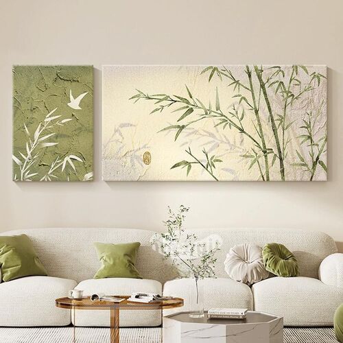 奶油风客厅装饰画竹子新中式沙发背景墙挂画双联适合大白墙的壁画