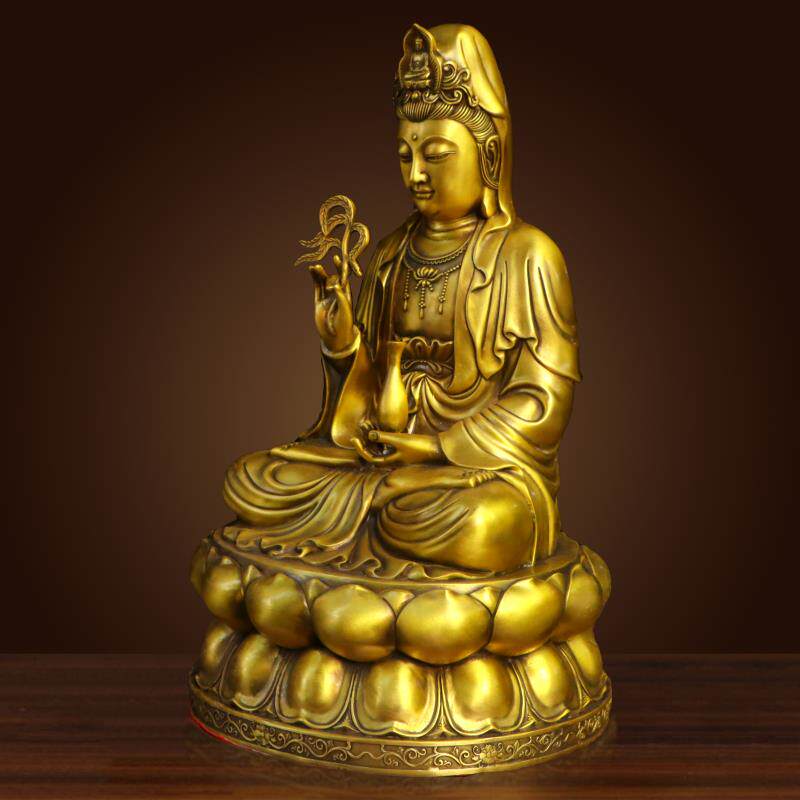纯铜净玉瓶柳枝观世音铜像摆件室内家用寺庙供奉佛像南海观音菩萨