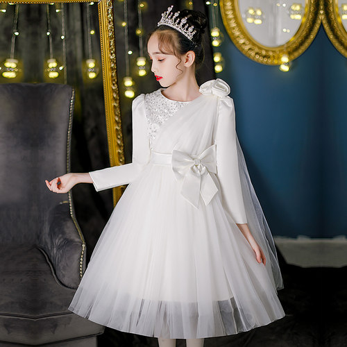 春秋冬儿童婚纱裙子花童公主裙女童白色连衣裙蓬蓬中大童演出礼服
