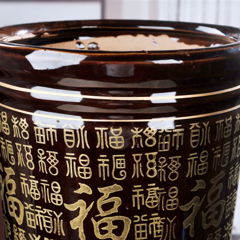 陶瓷棕色花盆花钵福字盆客厅高盆超大号60花盆50花盆圆筒盆圆陶盆