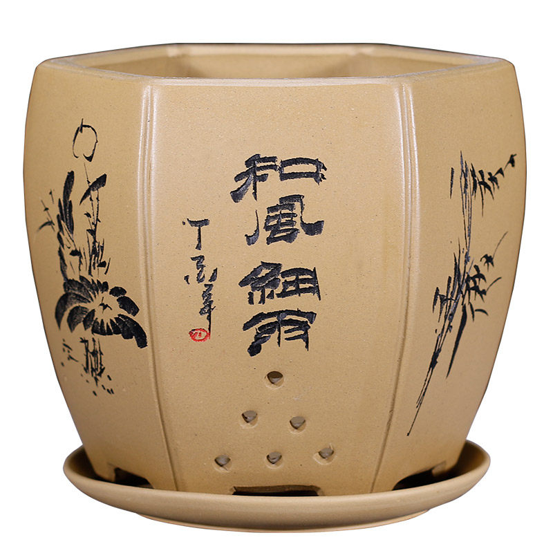 兰花盆紫砂花盆六方段泥精品盆君子兰花盆矮种兰花多肉花盆紫砂盆