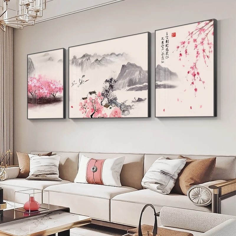 客厅装饰画新中式山水画沙发背景墙三联挂画高档大气水墨风景壁画
