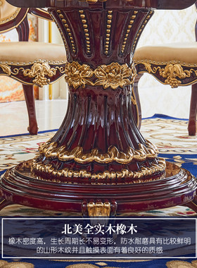 欧式圆桌 美式别墅餐厅大理石带转盘实木雕花描金银圆形家用饭桌
