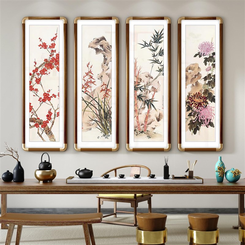 新中式客厅沙发背景墙四条屏梅兰竹菊挂画茶室四联条屏壁画装饰画