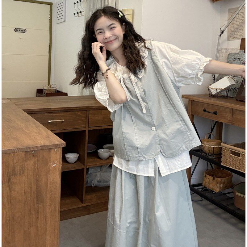 大码女装2025夏季胖mm娃娃领衬衫+宽松马甲+花边拼接半身裙三件套