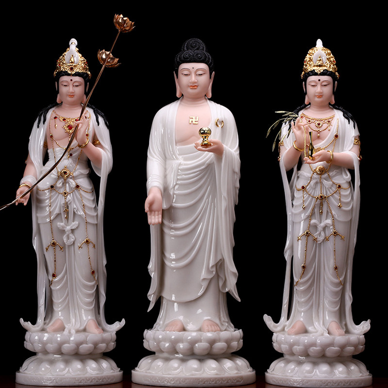 汉白玉西方三圣神像摆件站立观音雕像供奉阿弥陀佛如来佛像大势至