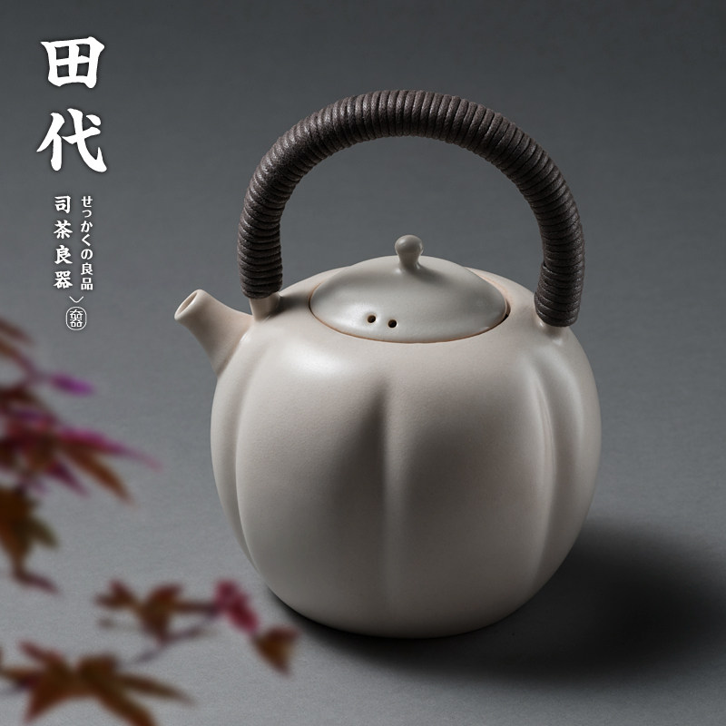 手工白泥陶壶 编织尼绳提梁煮茶壶功夫茶具1升大容量茶道烧水壶