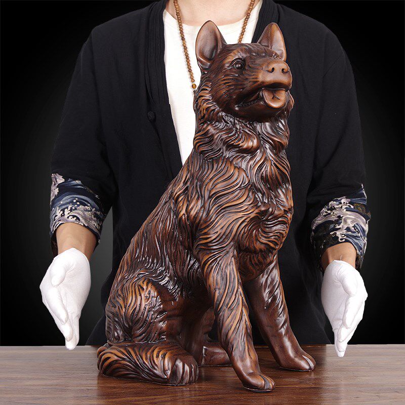 实木雕狗摆件招财镇宅犬手工艺品生肖狗旺财客厅玄关酒柜装饰礼品