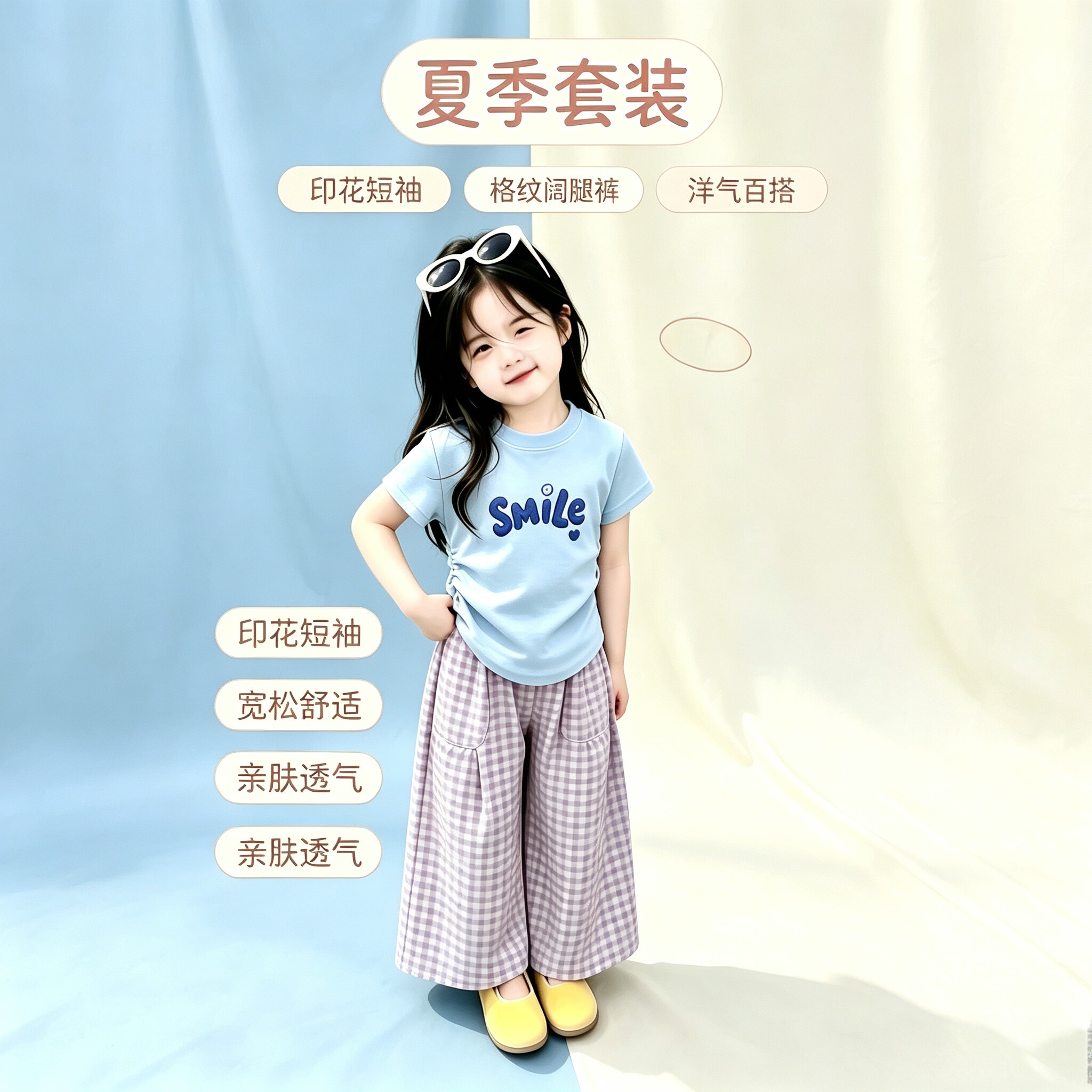 女童夏季简约T恤格纹长裤套装