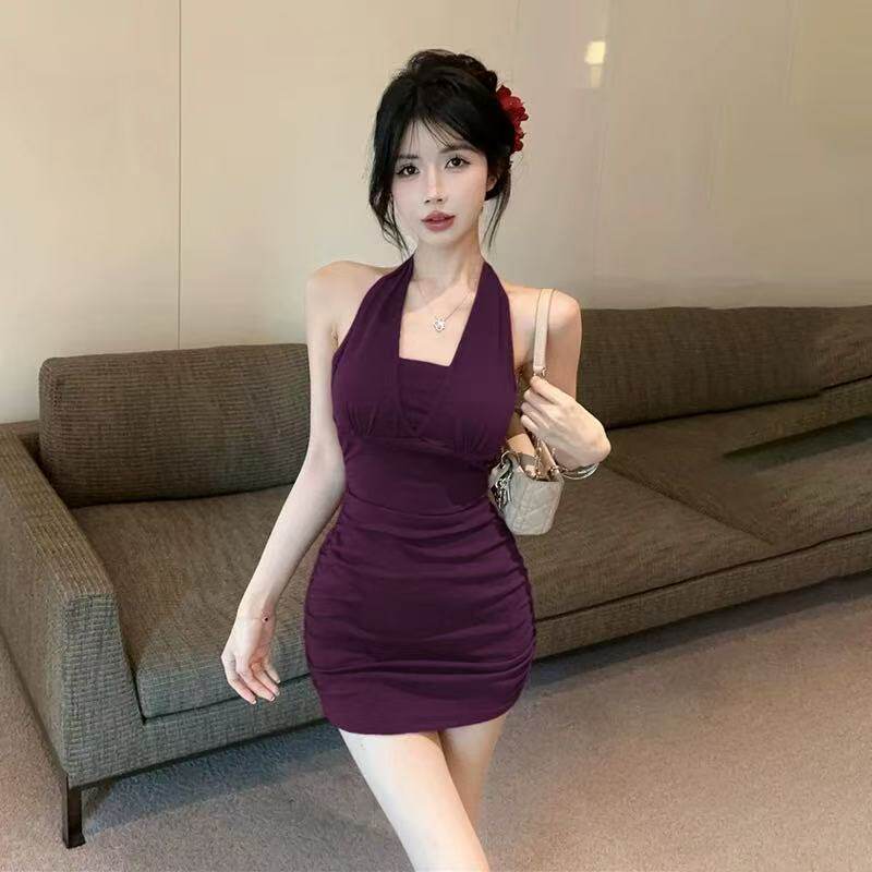 名媛风链条挂脖绑带晚礼服吊带裙女装夏季纯欲性感露背收腰连衣裙