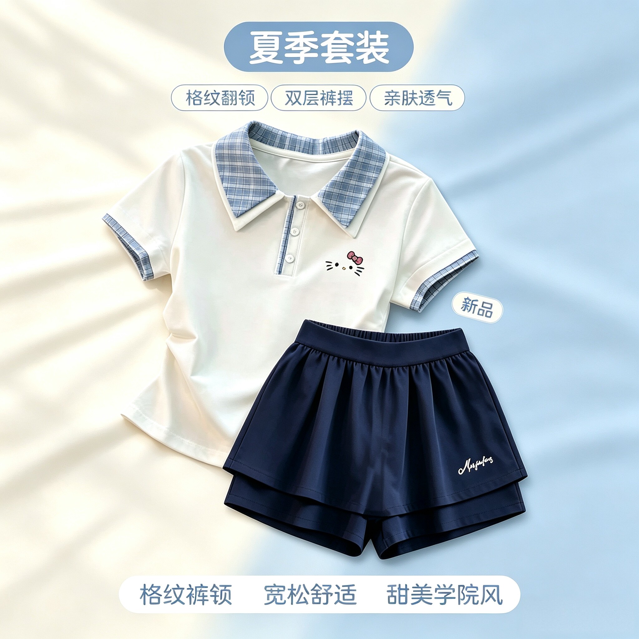 女童夏季格纹Polo假两件套装