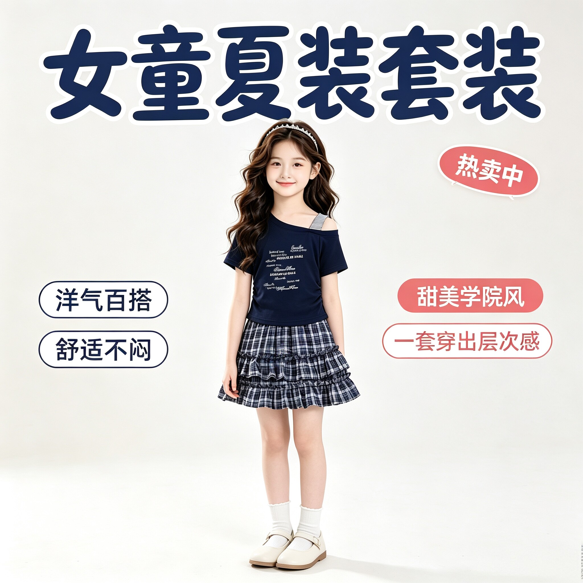 女童夏季韩系露肩T恤格纹裙套装
