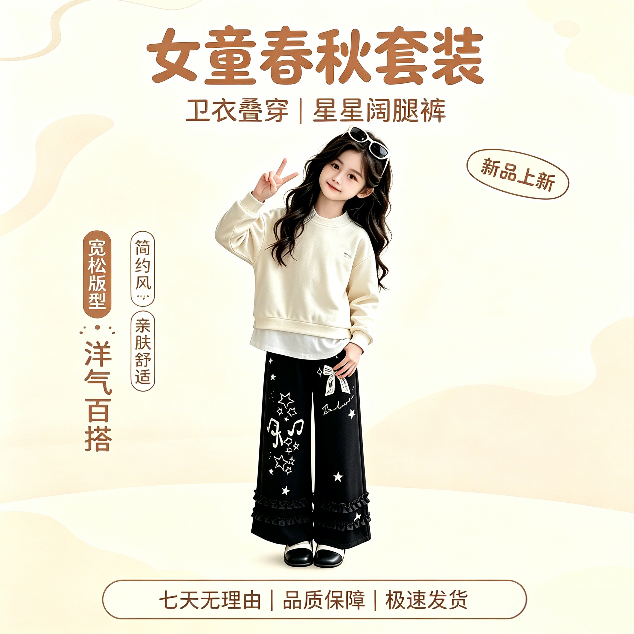 女童秋季假两件卫衣阔腿裤套装